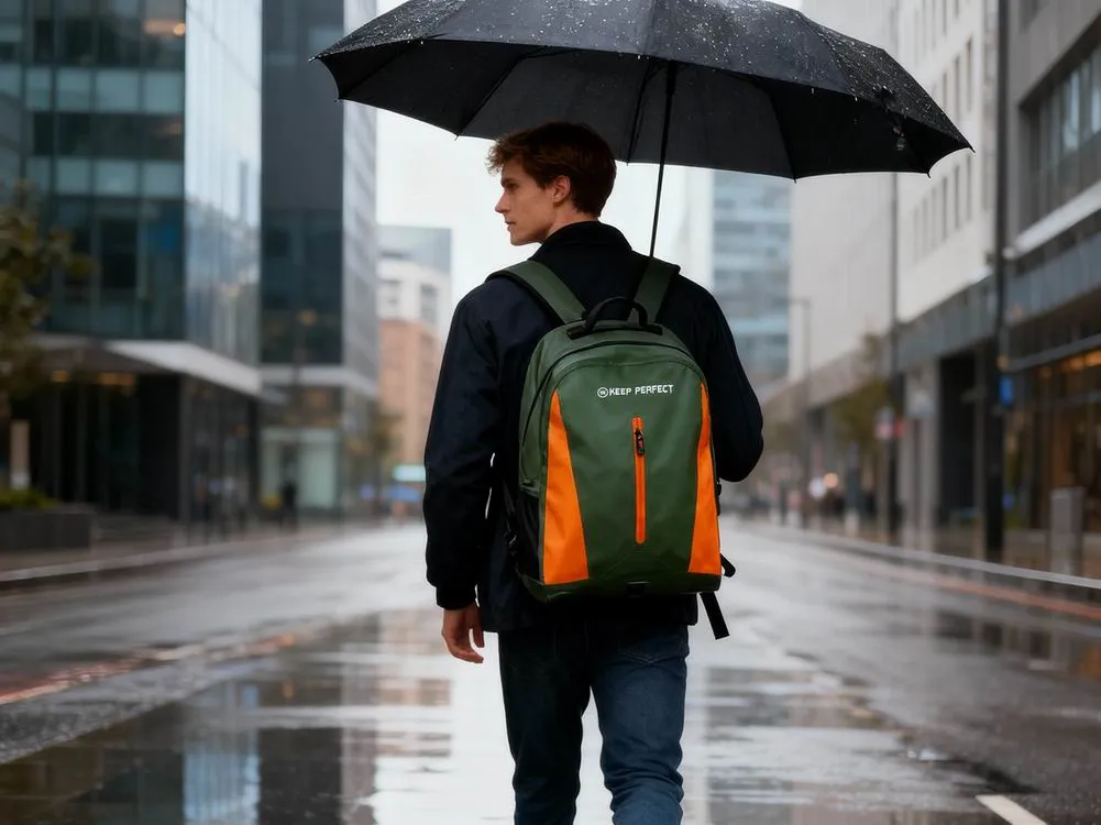 Custom waterproof backpack with padded shoulder straps and roll-top closure