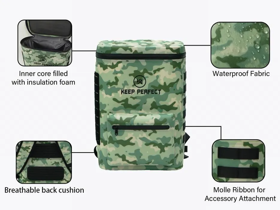 Insulated waterproof bag product shown as a cooler backpack
